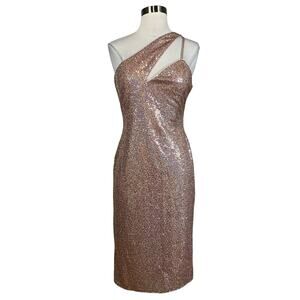 AQUA Sequined One Shoulder Midi Sheath Cocktail Dress Rose Gold Pink Size 8